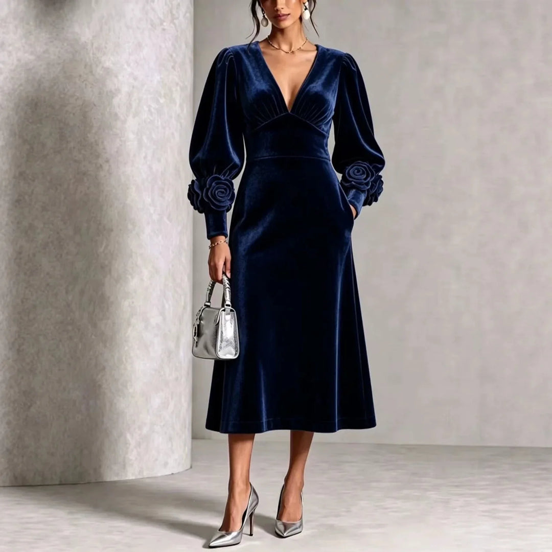 Stephanie | Stylish Rosette Long Sleeve Midi Christmas Dress