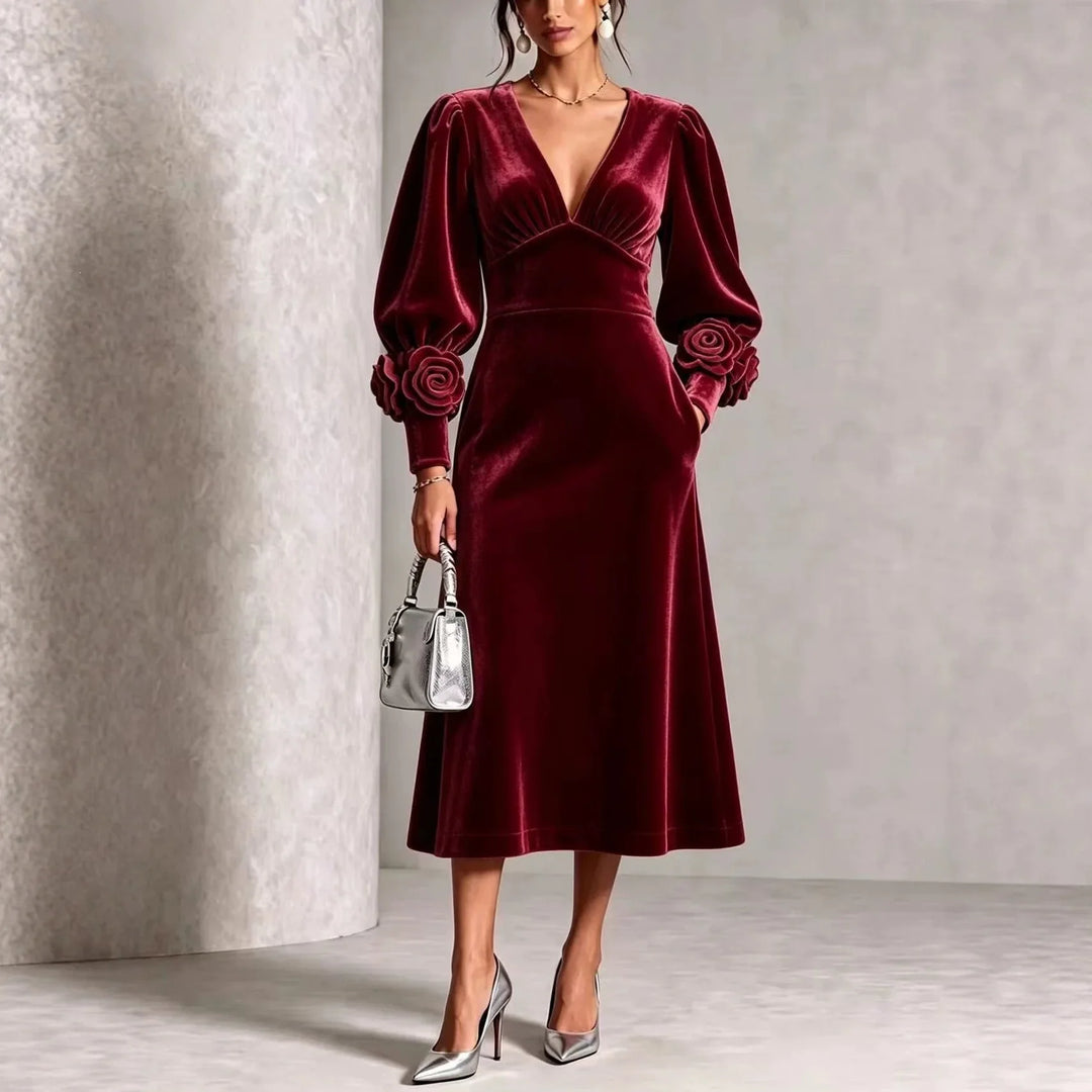 Stephanie | Stylish Rosette Long Sleeve Midi Christmas Dress