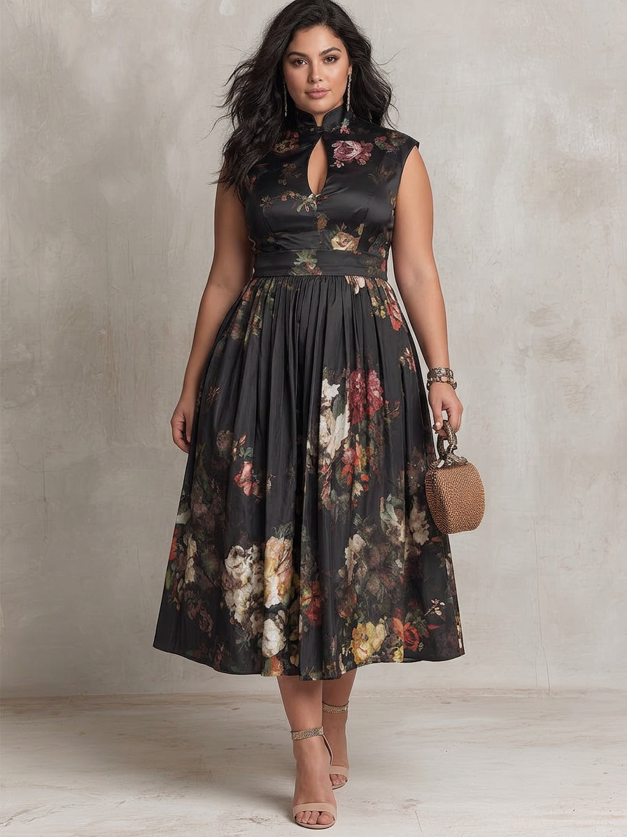 Teresa | Cozy Floral Satin Pleated Holiday Dress