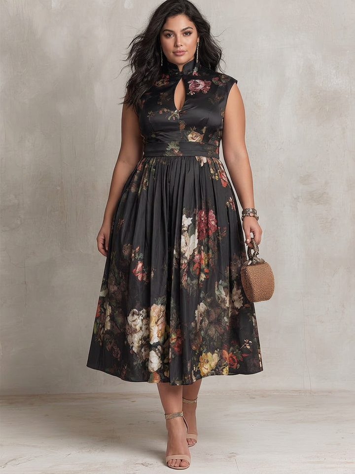 Teresa | Cozy Floral Satin Pleated Holiday Dress