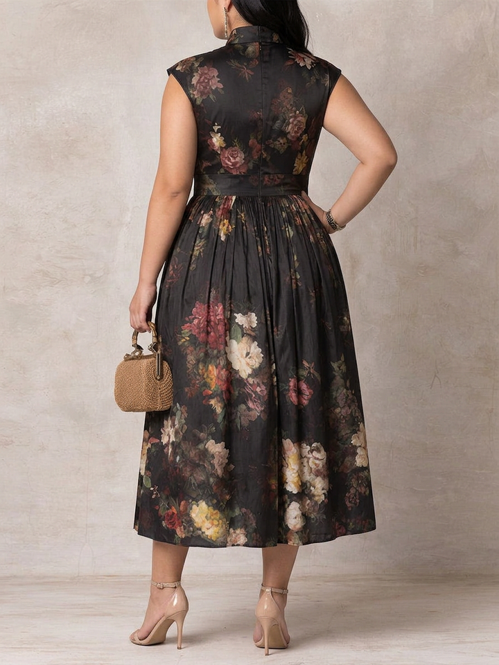 Teresa | Cozy Floral Satin Pleated Holiday Dress