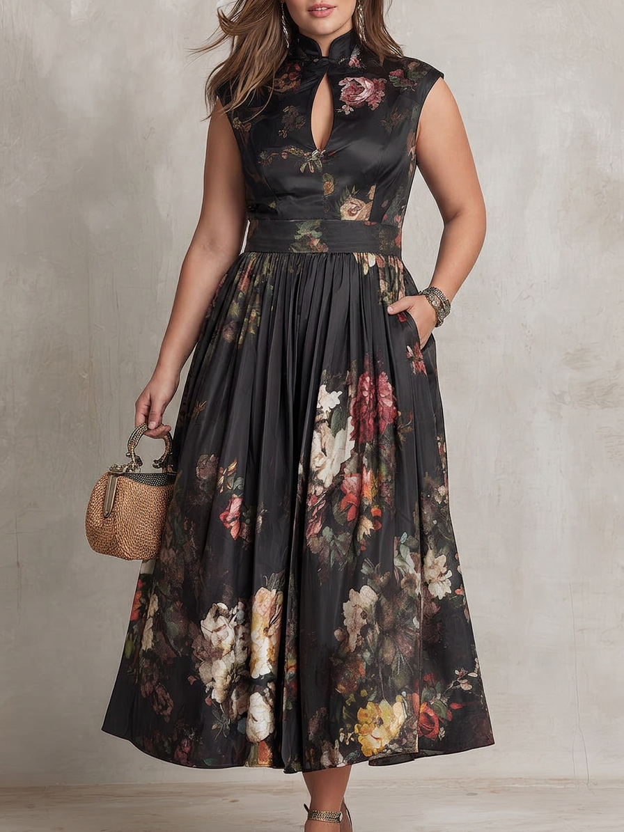 Teresa | Cozy Floral Satin Pleated Holiday Dress
