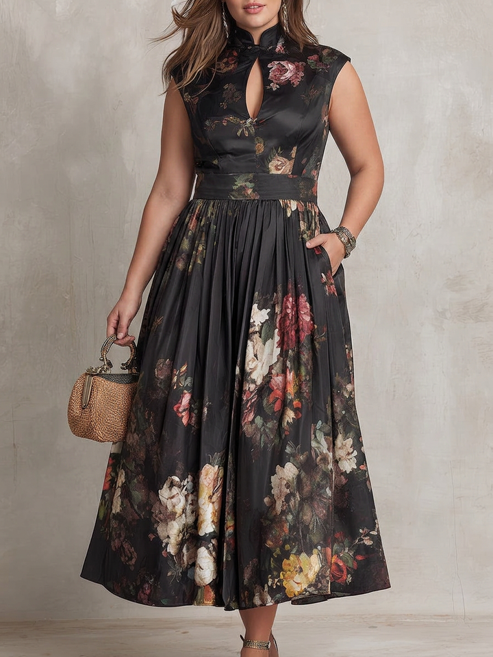 Teresa | Cozy Floral Satin Pleated Holiday Dress