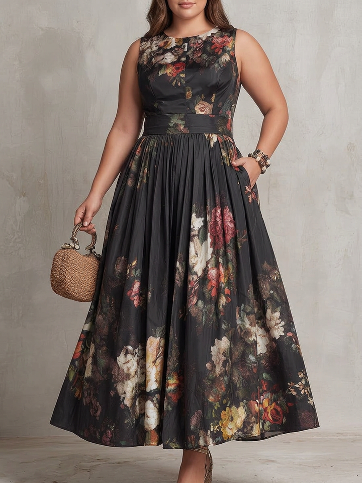 Teresa | Cozy Floral Satin Pleated Holiday Dress