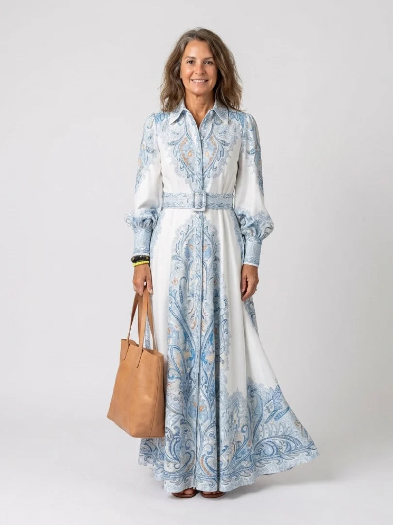 Theresa | Relaxed Paisley Print Holiday Maxi Dress with Lantern Sleeves