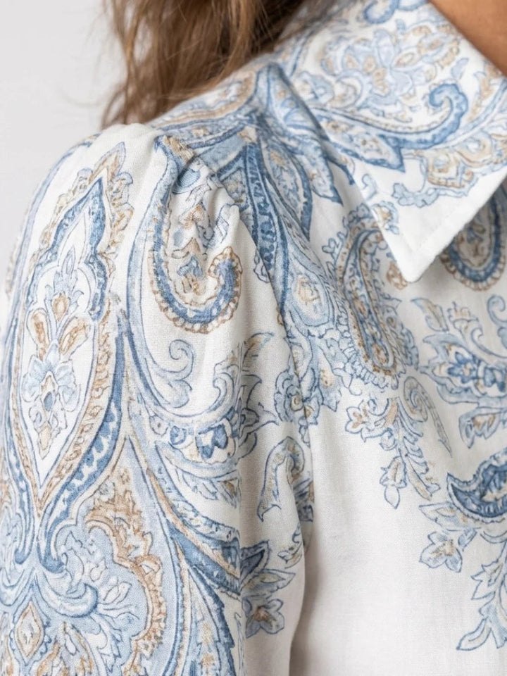 Theresa | Relaxed Paisley Print Holiday Maxi Dress with Lantern Sleeves