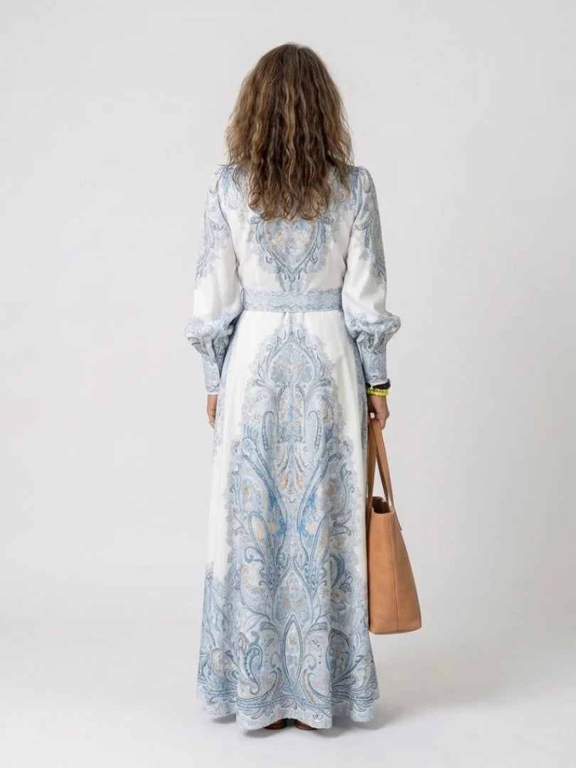 Theresa | Relaxed Paisley Print Holiday Maxi Dress with Lantern Sleeves