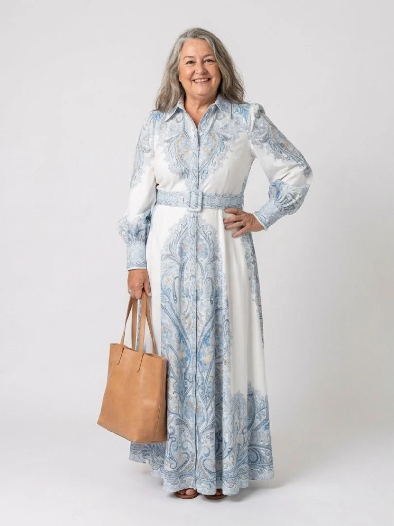 Theresa | Relaxed Paisley Print Holiday Maxi Dress with Lantern Sleeves