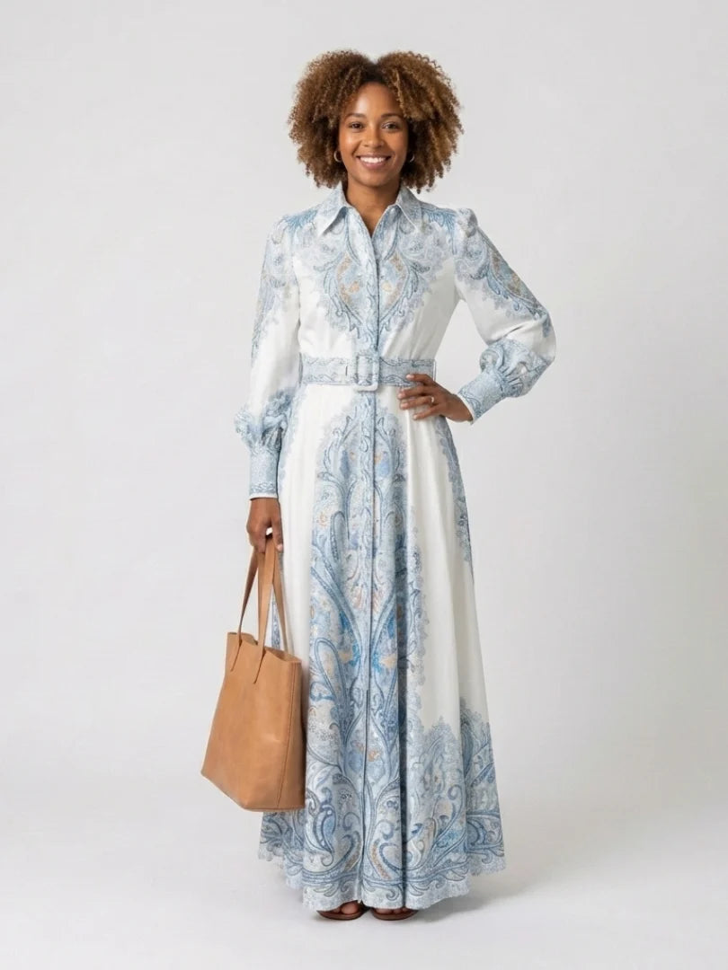 Theresa | Relaxed Paisley Print Holiday Maxi Dress with Lantern Sleeves