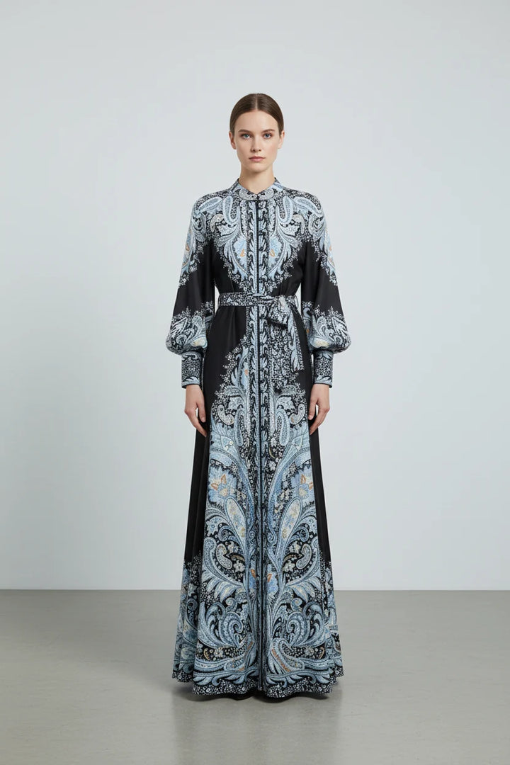 Theresa | Relaxed Paisley Print Holiday Maxi Dress with Lantern Sleeves