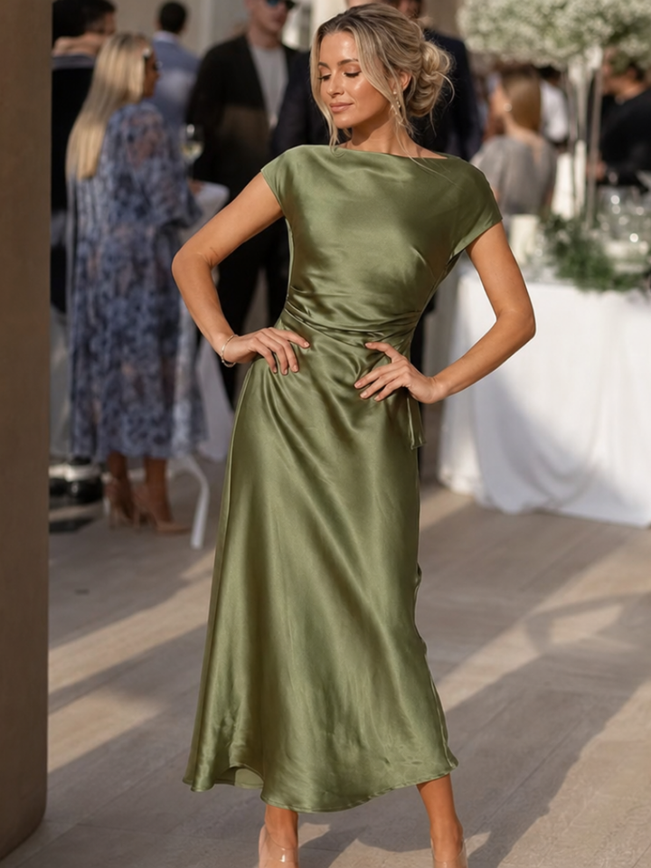 Victoria | Polished Boat Neck Draped Midi Christmas Dress