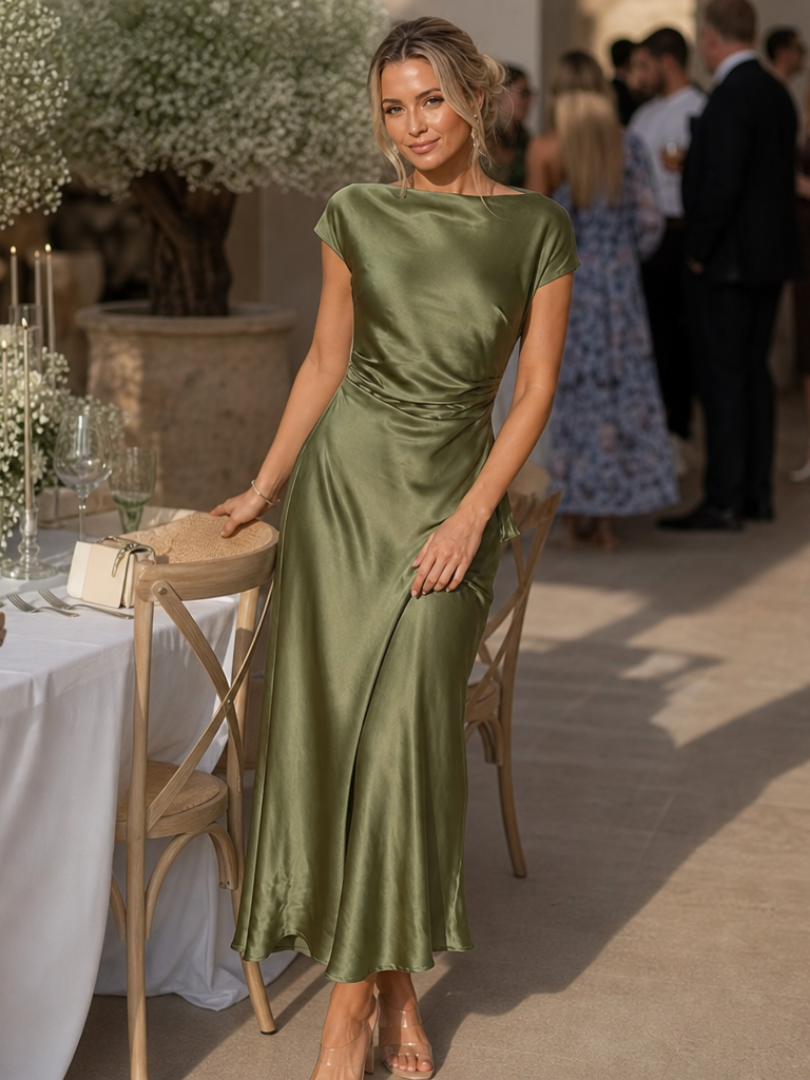 Victoria | Polished Boat Neck Draped Midi Christmas Dress