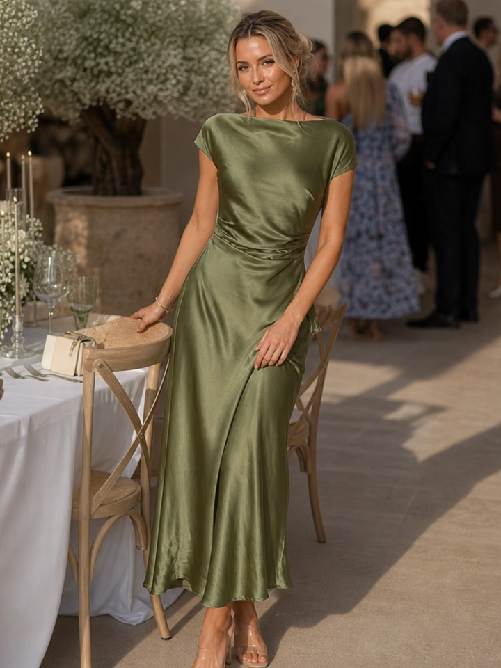 Victoria | Polished Boat Neck Draped Midi Christmas Dress