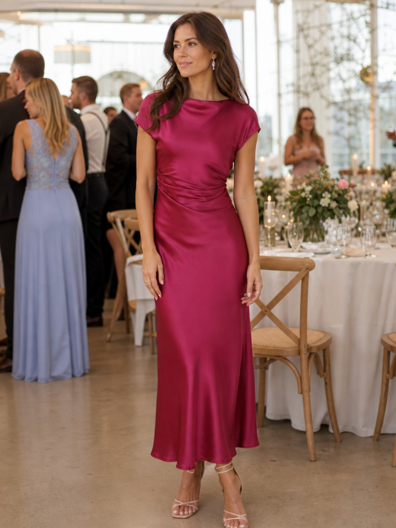 Victoria | Polished Boat Neck Draped Midi Christmas Dress