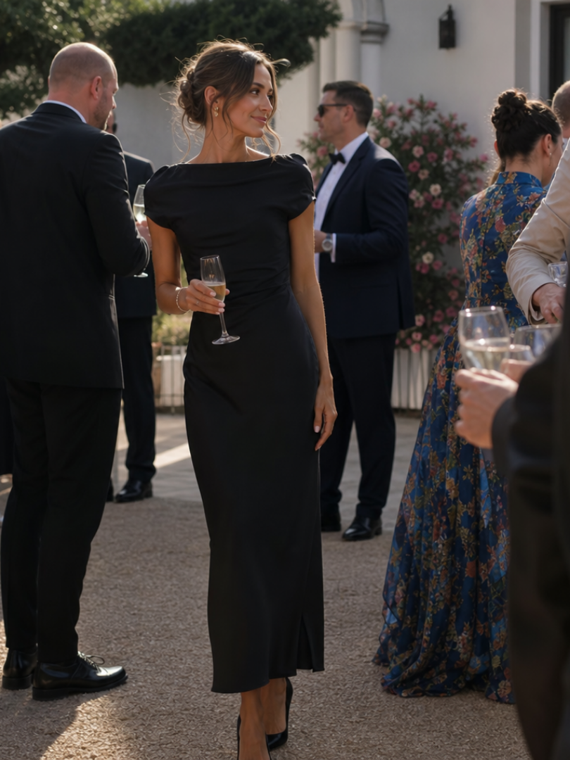 Victoria | Polished Boat Neck Draped Midi Christmas Dress
