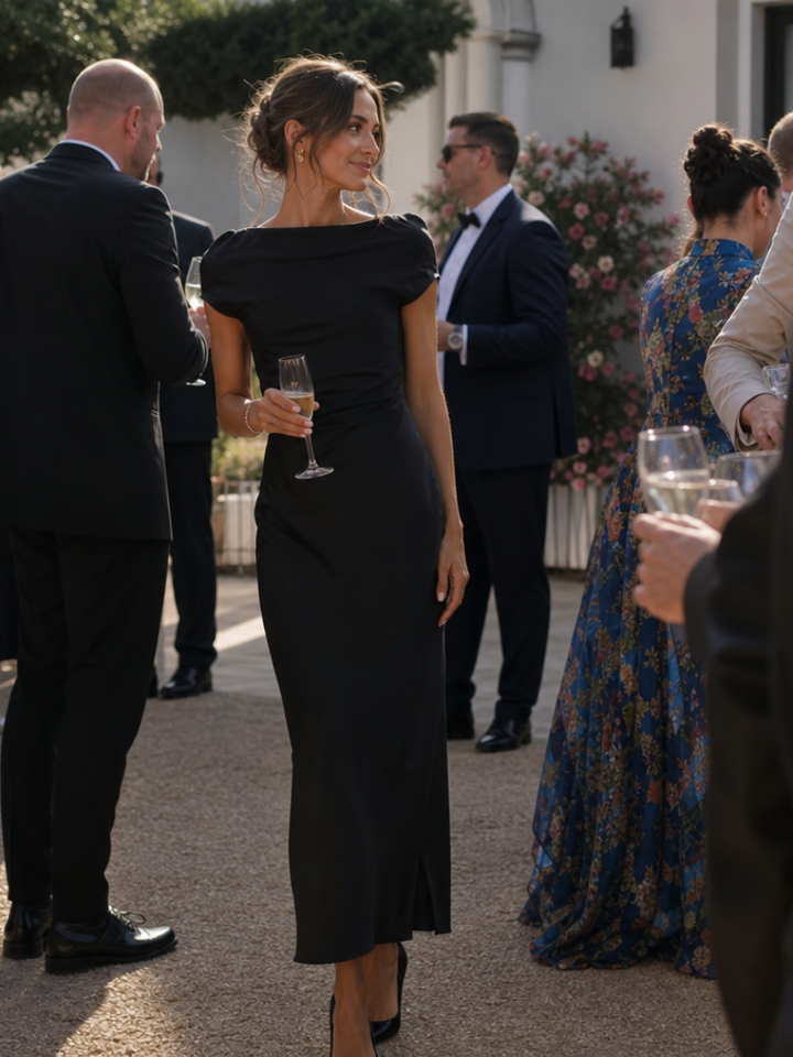 Victoria | Polished Boat Neck Draped Midi Christmas Dress