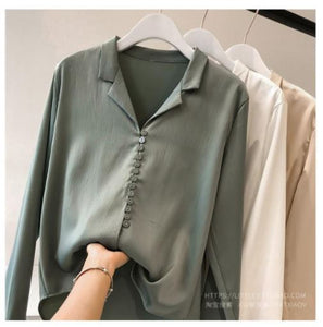 New Solid Hong Kong Style Silk Satin Long-sleeved Shirt