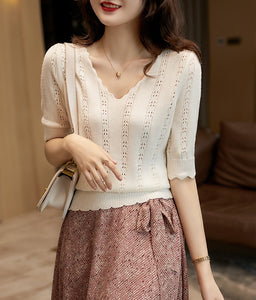 French V-neck Hollow Short-sleeved Knitted Sweater