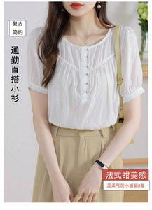Korean version loose and thin temperament casual Japanese small round neck slim shirt women
