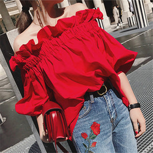 Korean Trendy One-line Neck Ruffled Lantern 