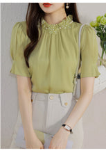 Load image into Gallery viewer, Short-sleeved chiffon shirt temperament thin top stand collar western style small shirt
