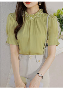 Short-sleeved chiffon shirt temperament thin top stand collar western style small shirt