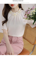 Load image into Gallery viewer, Short-sleeved chiffon shirt temperament thin top stand collar western style small shirt
