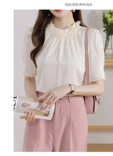 Load image into Gallery viewer, Short-sleeved chiffon shirt temperament thin top stand collar western style small shirt
