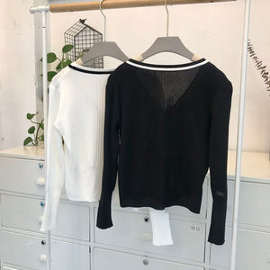 Zipper V-neck Long-sleeved Knit Cardigan Sweater