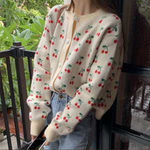 Japanese Style Cherry Jacquard Sweater Jacket