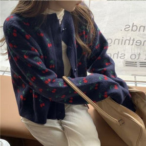 Japanese Style Cherry Jacquard Sweater Jacket