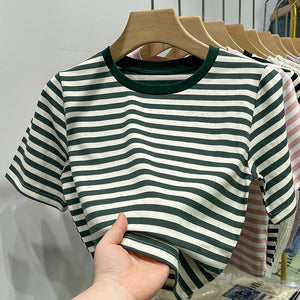Striped short-sleeved t-shirt loose slimming cotton top
