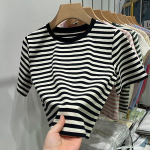 Striped short-sleeved t-shirt loose slimming cotton top