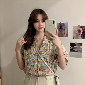 Summer Floral Short-sleeved Chiffon Collar Loose Shirt