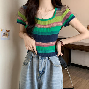 Rainbow Stripe Short Sleeve T-Shirt Knitwear Short Slim Top