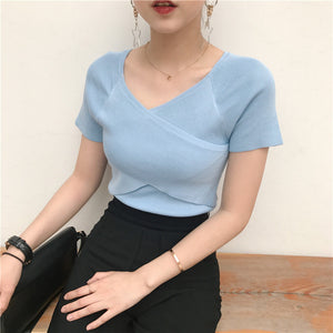 Korean Knit Wear Retro Slim Short-sleeved Shirt