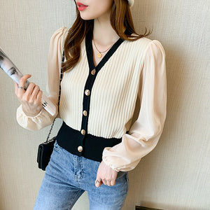 Foreign Style Chiffon Puff Sleeve V-neck Sweater