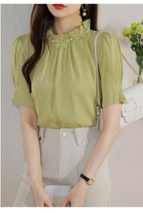 Short-sleeved chiffon shirt temperament thin top stand collar western style small shirt