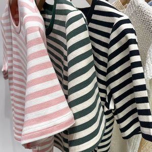 Striped short-sleeved t-shirt loose slimming cotton top