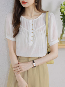 Korean version loose and thin temperament casual Japanese small round neck slim shirt women