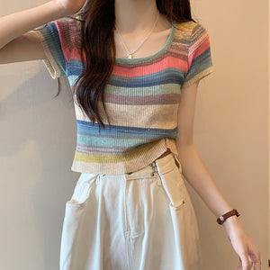 Rainbow Stripe Short Sleeve T-Shirt Knitwear Short Slim Top