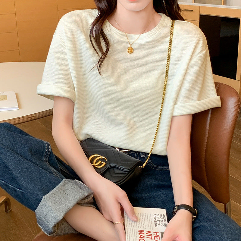 Korean Version Summer Loose and Thin Half-sleeved Waffle Top Shirt