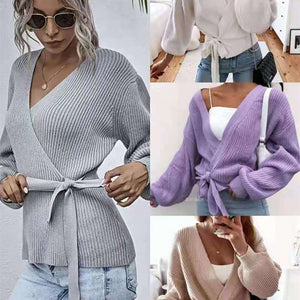 V-neck Pleated Long-sleeved Trendy Sweater Shirt