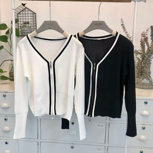 Zipper V-neck Long-sleeved Knit Cardigan Sweater