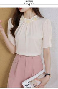 Short-sleeved chiffon shirt temperament thin top stand collar western style small shirt