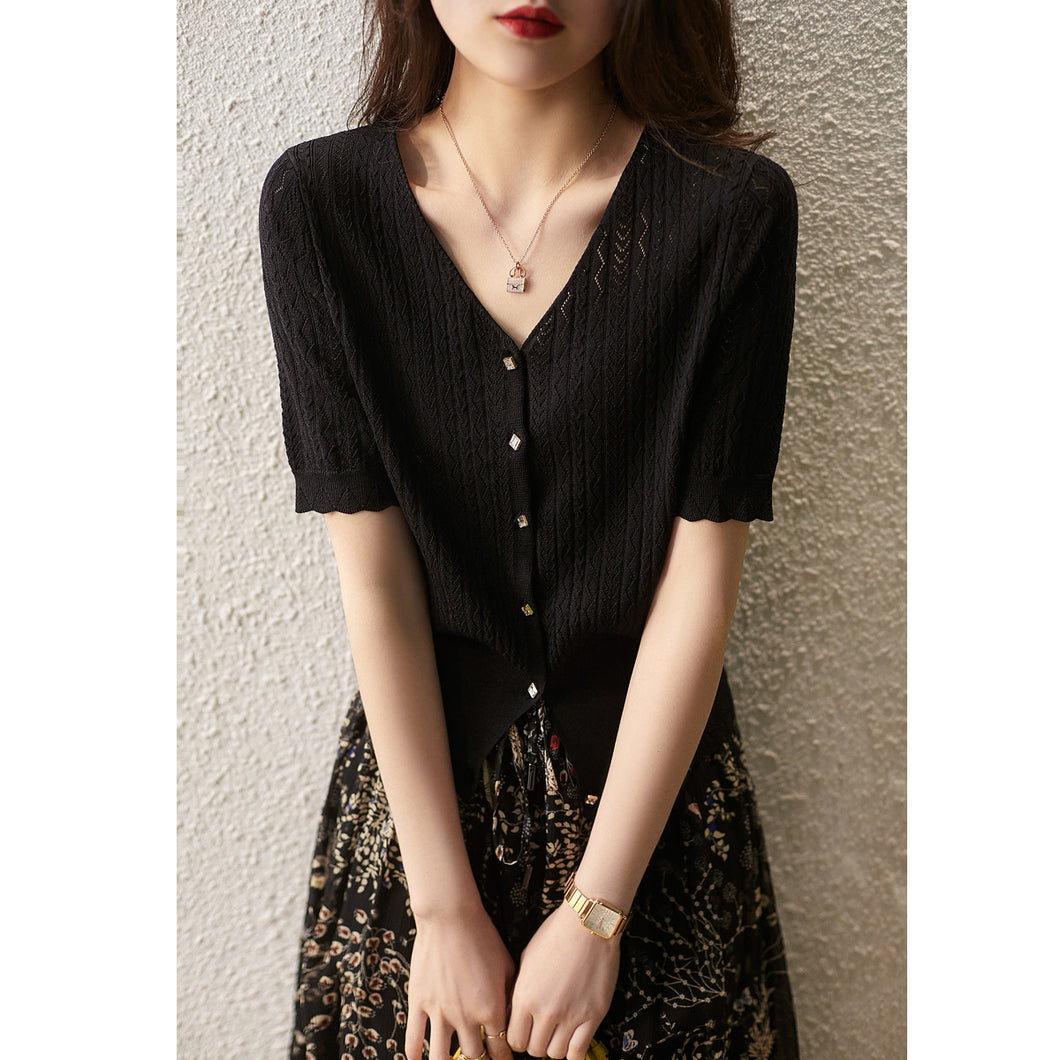 V-neck Ice Silk Knitted Sweater Short-sleeved Top Shirt
