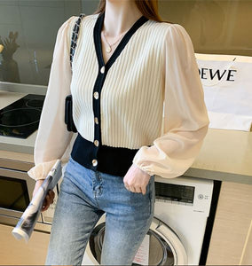 Foreign Style Chiffon Puff Sleeve V-neck Sweater