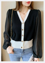 Load image into Gallery viewer, Foreign Style Chiffon Puff Sleeve V-neck Sweater
