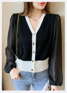 Foreign Style Chiffon Puff Sleeve V-neck Sweater