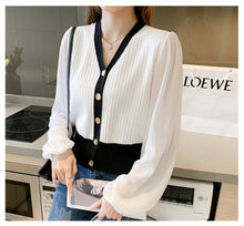 Load image into Gallery viewer, Foreign Style Chiffon Puff Sleeve V-neck Sweater
